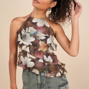 Lulus Maylee Brown Multi Floral Ruffled Halter Top - Size L